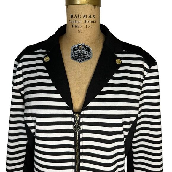 Vintage Anne Klein black and white striped collared zip sweater cardigan size XL - Picture 2 of 11